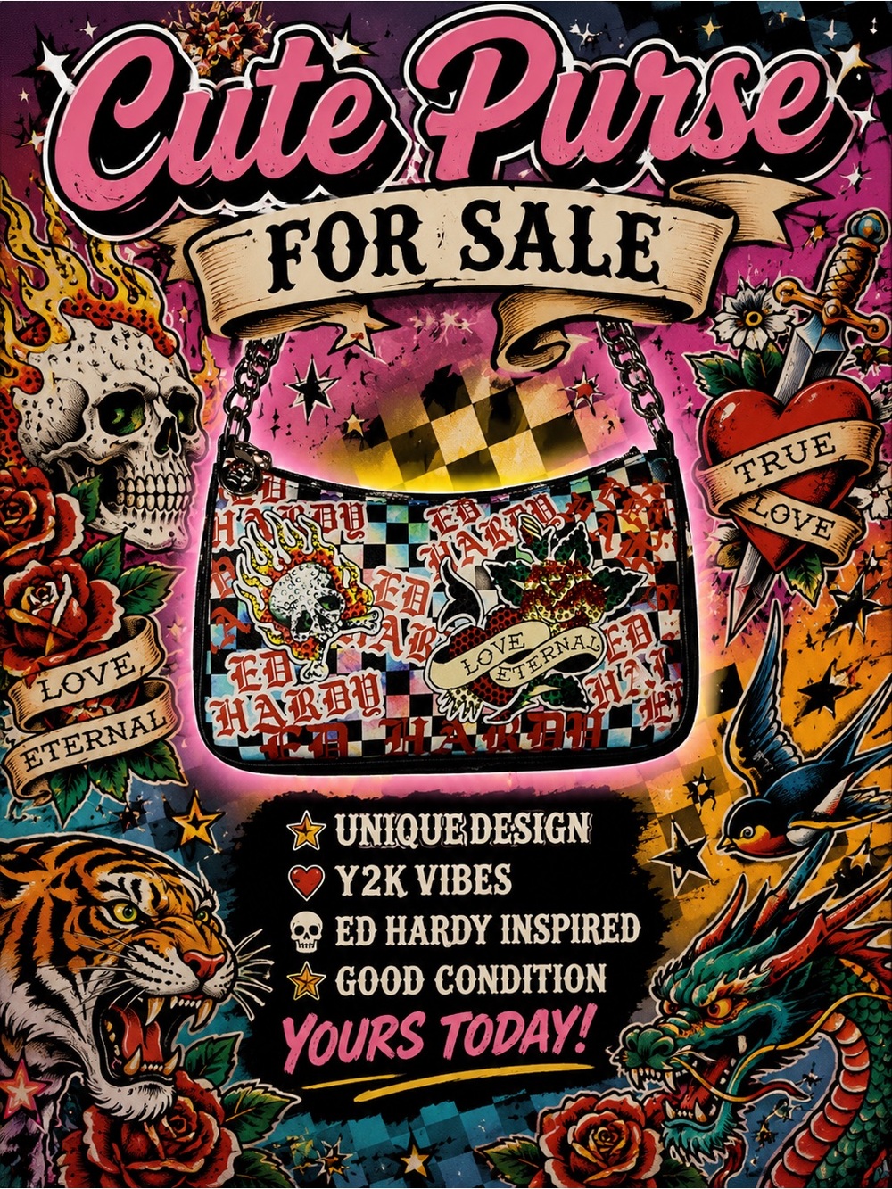 Ed Hardy Black and Red Graphic Shoulder Bag with rhinestones.